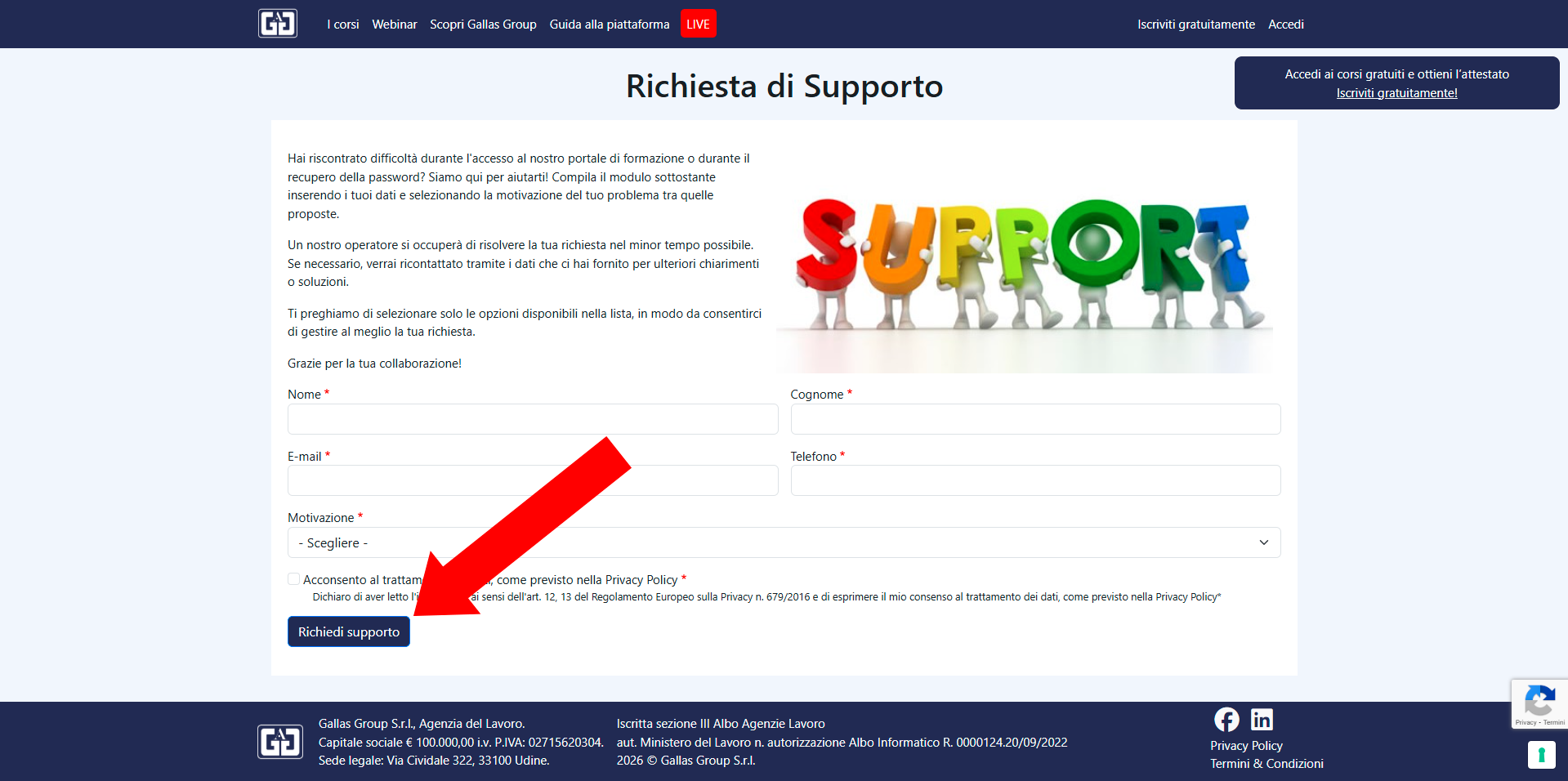 Clicca per ingrandire il modulo di supporto